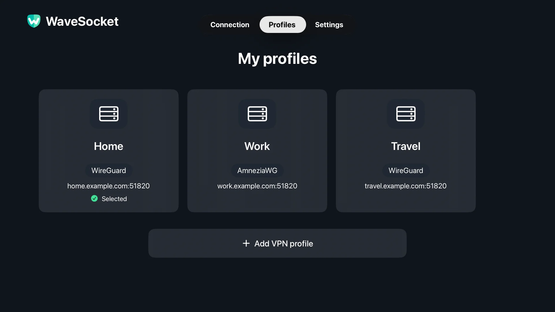 Home, Work and Travel configurations in the WaveSocket Profiles screen.